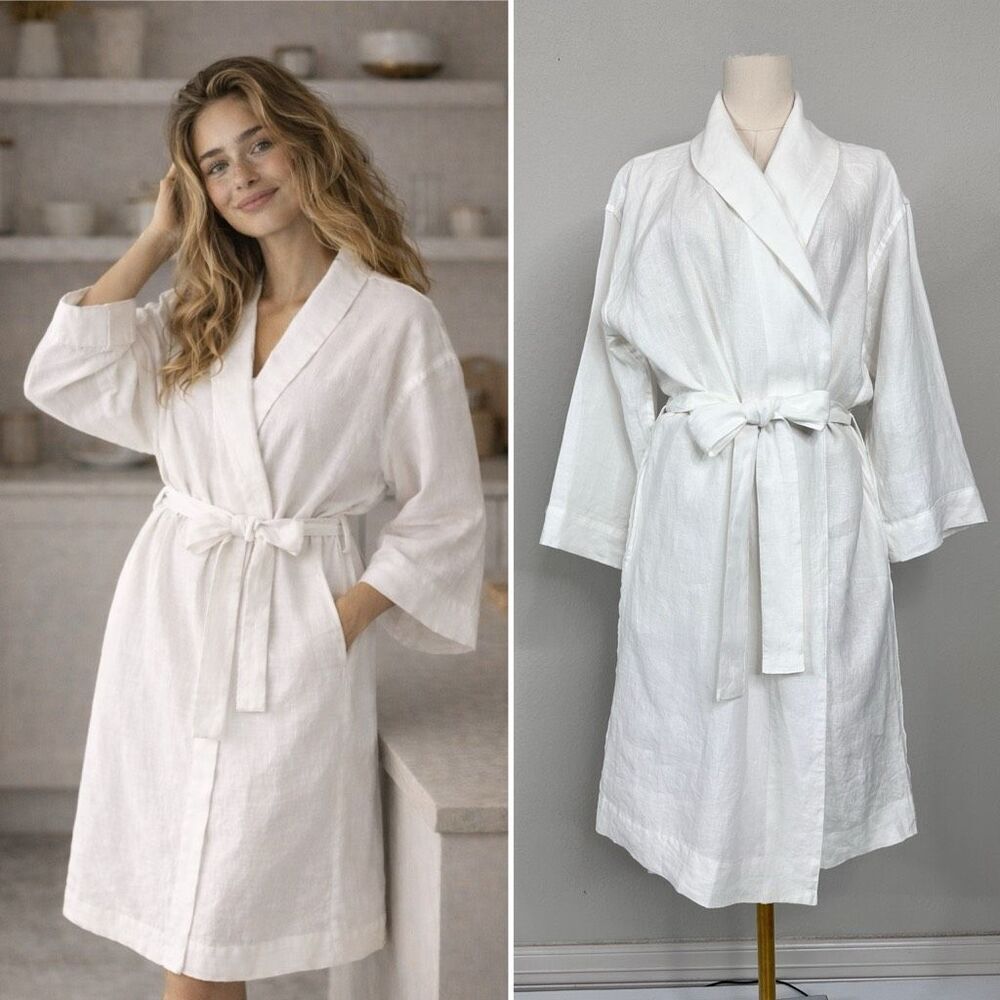Pottery Barn Linen Robe White Kimono Spa Belted Minimalist XS/S